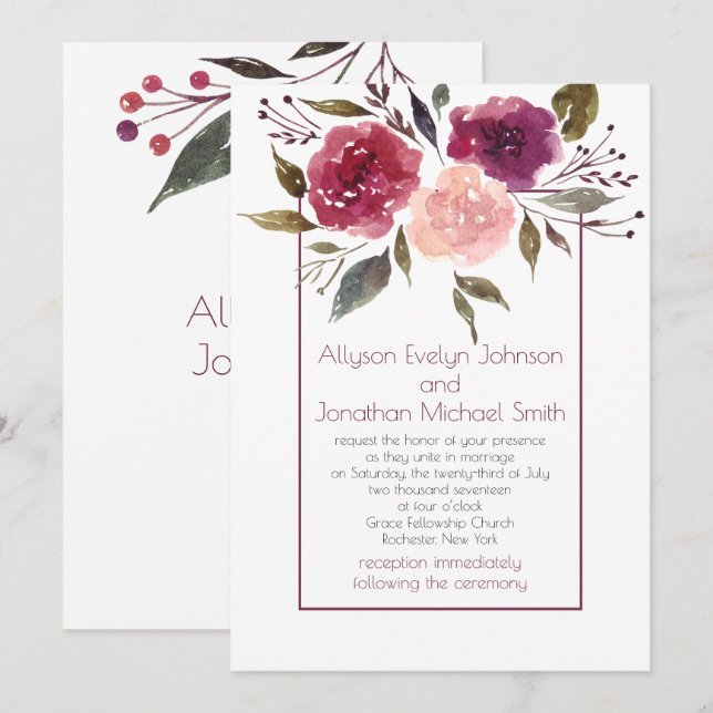 Convites Casamento Floral Rosa Borgonha Aquarela Rústica | (Frente/Verso)