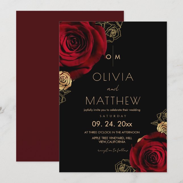 Convites Casamento Floral Rosa Borgonha Moderno Divino  (Frente/Verso)