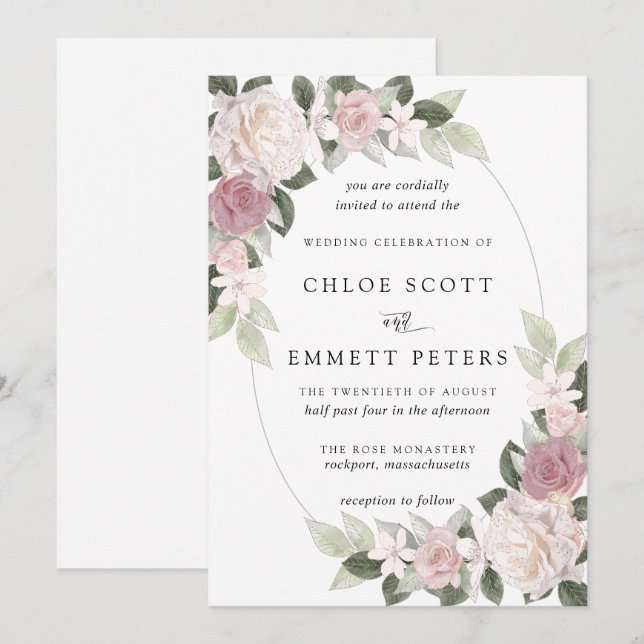 Convites Casamento Floral Rosa Branca Blush (Frente/Verso)