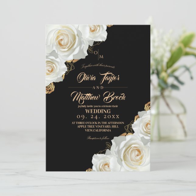 Convites Casamento Floral Rosa Branco e Dourado Preto (Em pé/Frente)