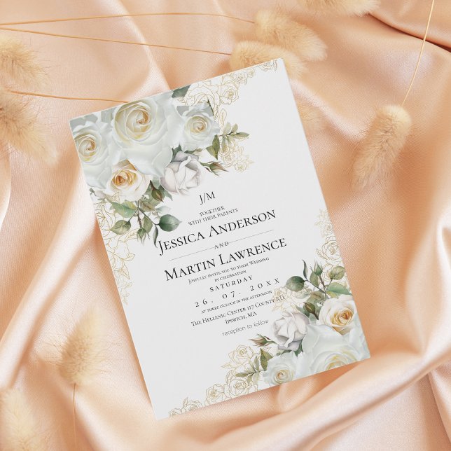 Convites Casamento Floral Rosa Branco Elegante Ouro  (Criador carregado)