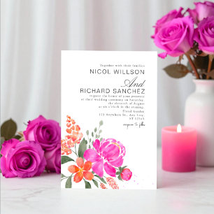 Convites Casamento Floral Rosa Brilhante e Laranja