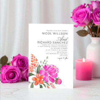 Convites Casamento Floral Rosa Brilhante e Laranja