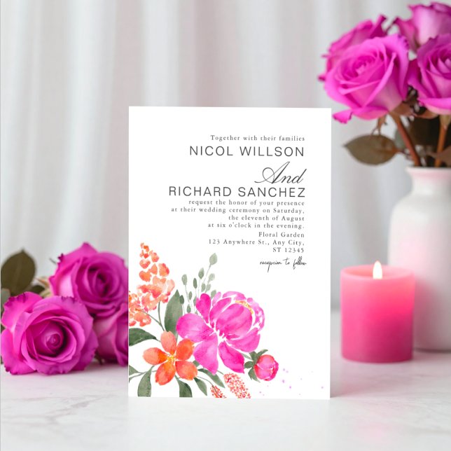 Convites Casamento Floral Rosa Brilhante e Laranja (Criador carregado)