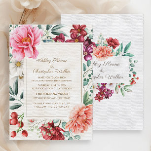 Convites Casamento Floral Rosa Burgundy Coral Elegante