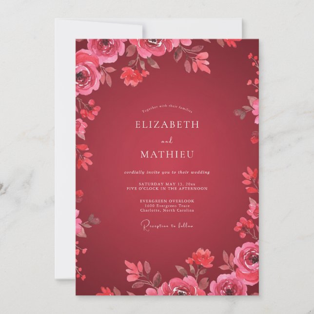 Convites Casamento Floral Rosa Carmesim (Frente)