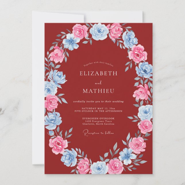 Convites Casamento Floral Rosa Carmesim Azul (Frente)