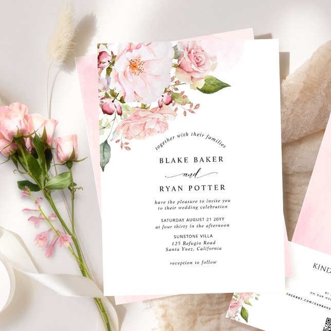 Convites Casamento Floral Rosa Chic e Rosa Bege (Criador carregado)