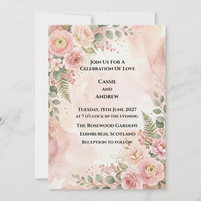Convites Casamento Floral Rosa Choque (Frente)