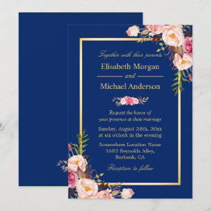 Convites Casamento Floral Rosa com Moldura Dourada Azul-Mar