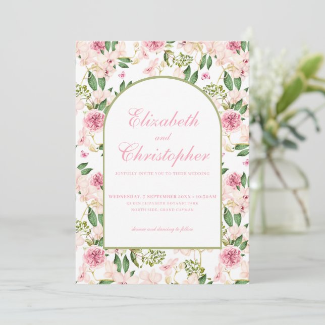 Convites Casamento Floral Rosa com Toque Romântico (Em pé/Frente)
