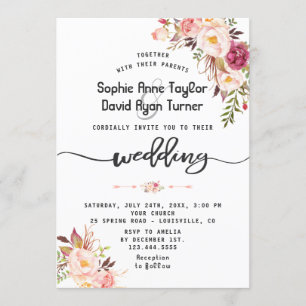 Convites Casamento Floral Rosa Cor-de-Água-Cheia