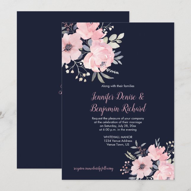 Convites Casamento Floral Rosa Corado | (Frente/Verso)