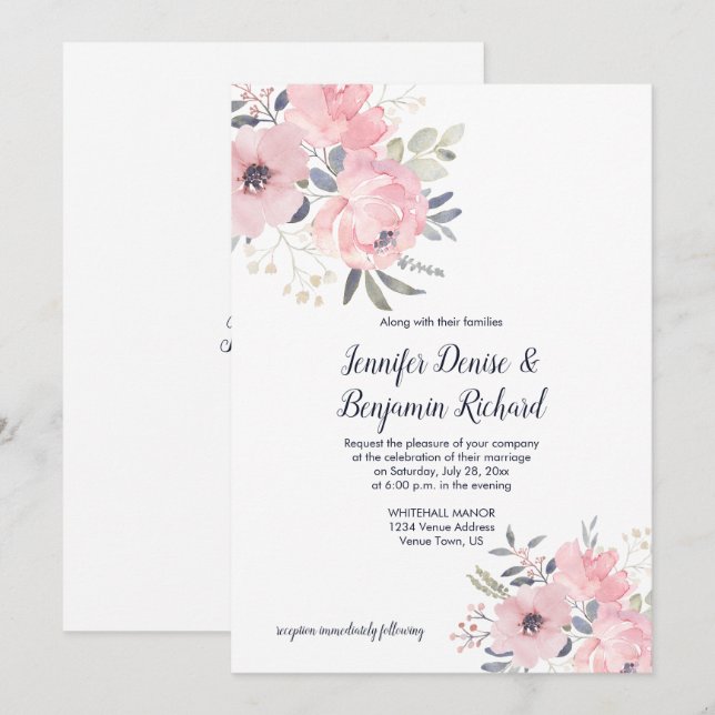 Convites Casamento Floral Rosa Corado | (Frente/Verso)
