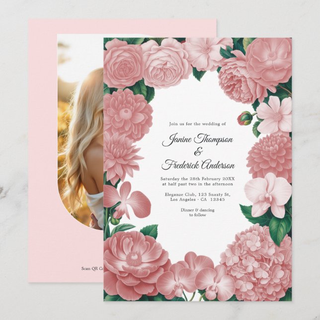 Convites Casamento Floral Rosa Corado com Foto e Código QR (Frente/Verso)