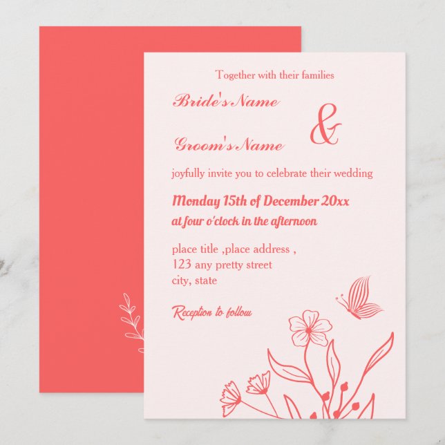 Convites Casamento floral rosa-coral elegante romântico (Frente/Verso)