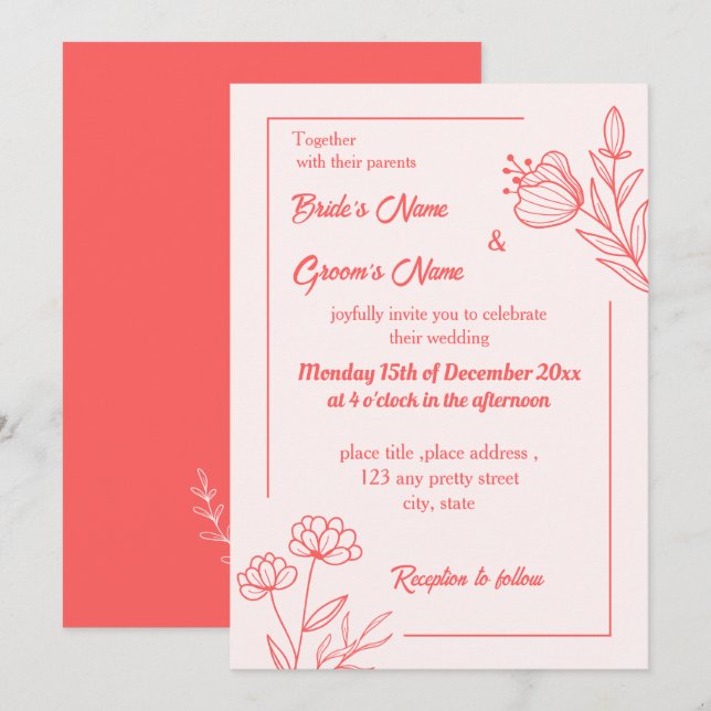 Convites Casamento floral rosa-coral elegante romântico (Frente/Verso)