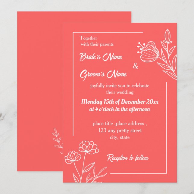 Convites Casamento floral rosa-coral elegante romântico (Frente/Verso)