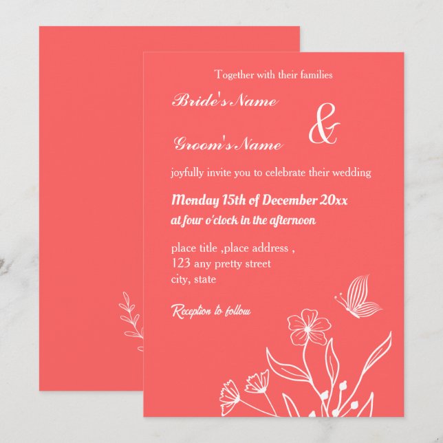 Convites Casamento floral rosa-coral elegante romântico (Frente/Verso)