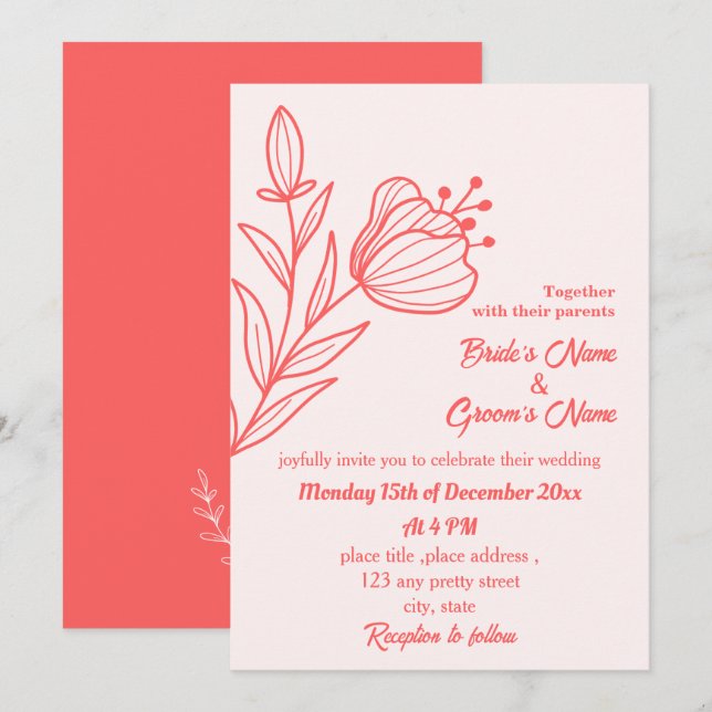 Convites Casamento floral rosa-coral elegante romântico (Frente/Verso)