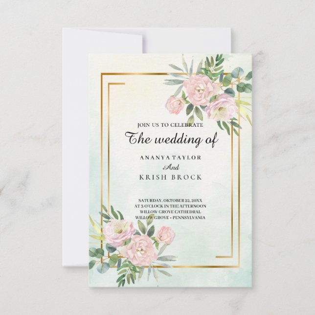 Convites Casamento Floral Rosa Cottage Romântico (Frente)