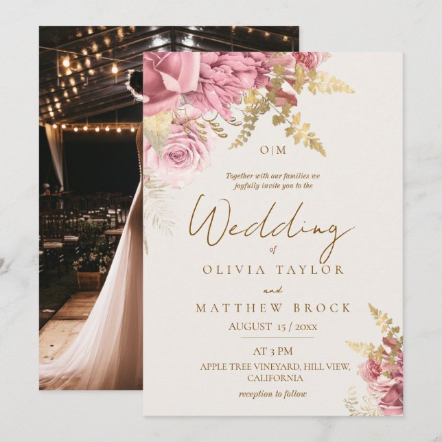 Convites Casamento Floral Rosa Dourado Moderno (Frente/Verso)