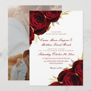 Convites Casamento Floral Rosa Dourado Romântico & Vermelho
