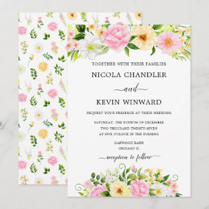 Convites Casamento Floral Rosa e Amarelo Elegante