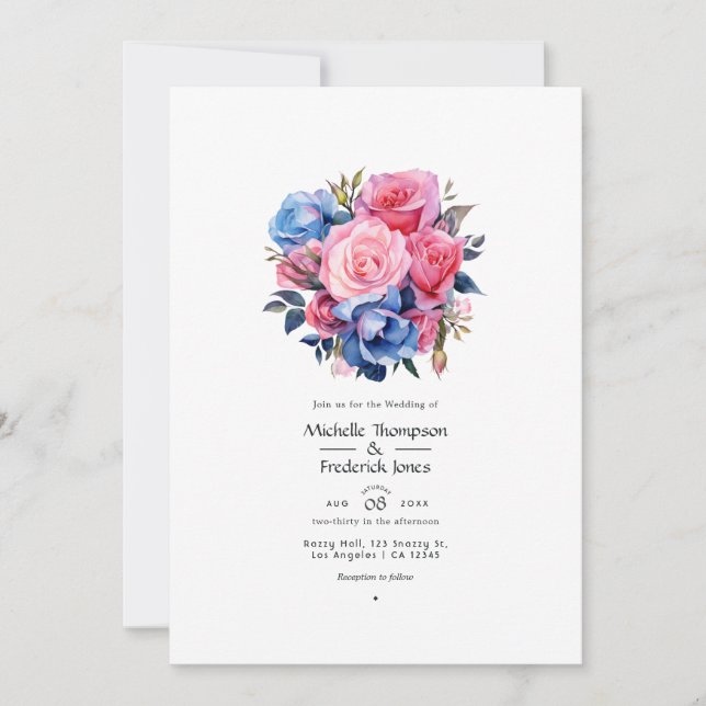 Convites Casamento Floral Rosa e Azul (Frente)