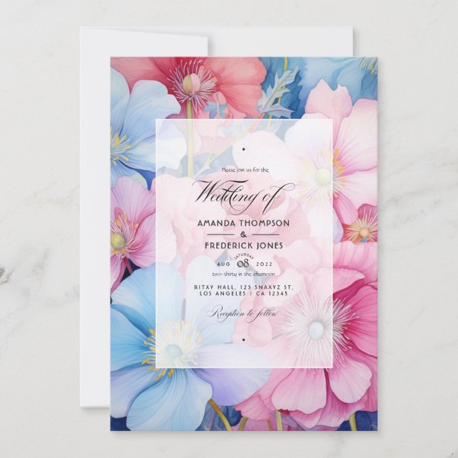 Convites Casamento Floral Rosa e Azul Claro (Frente)
