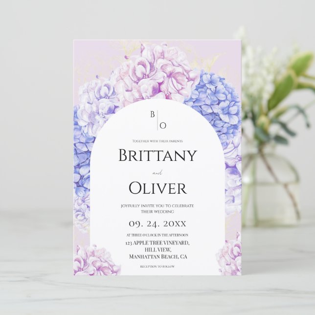 Convites Casamento Floral Rosa e Azul com Aquarela Moderna (Em pé/Frente)