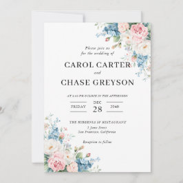 Convites Casamento Floral Rosa e Azul Elegante