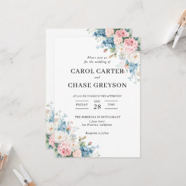 Convites Casamento Floral Rosa e Azul Elegante