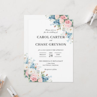 Convites Casamento Floral Rosa e Azul Elegante