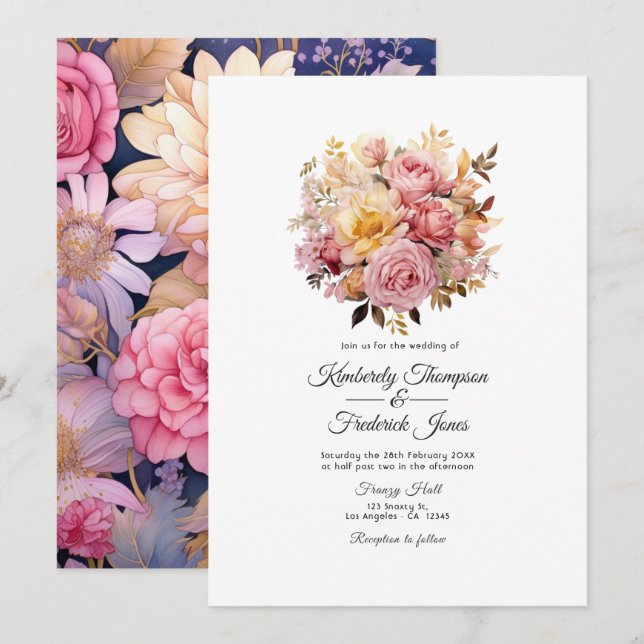 Convites Casamento Floral Rosa e Dourado (Frente/Verso)