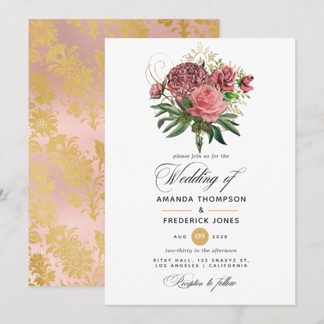 Convites Casamento Floral Rosa e Dourado (Frente/Verso)