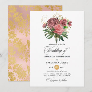 Convites Casamento Floral Rosa e Dourado