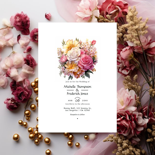 Convites Casamento Floral Rosa e Dourado (Criador carregado)