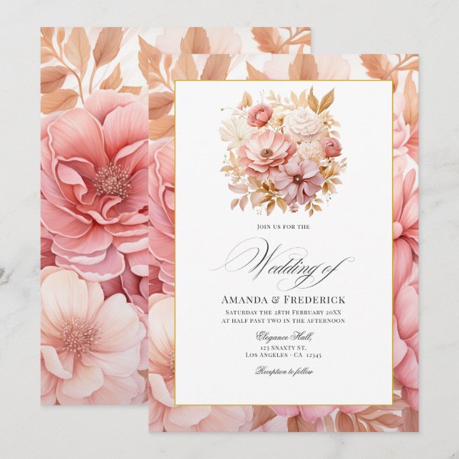 Convites Casamento Floral Rosa e Dourado (Frente/Verso)