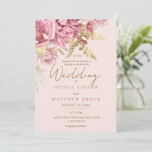 Convites Casamento Floral Rosa e Dourado Moderno (Em pé/Frente)