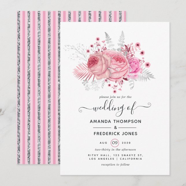 Convites Casamento Floral Rosa e Faux Foil & Glitter Silver (Frente/Verso)