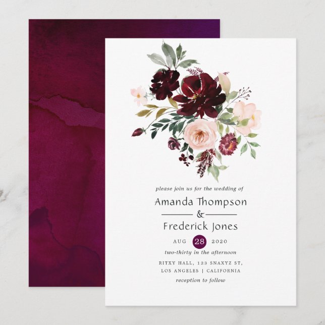 Convites Casamento Floral Rosa e Fruta Borgonha (Frente/Verso)