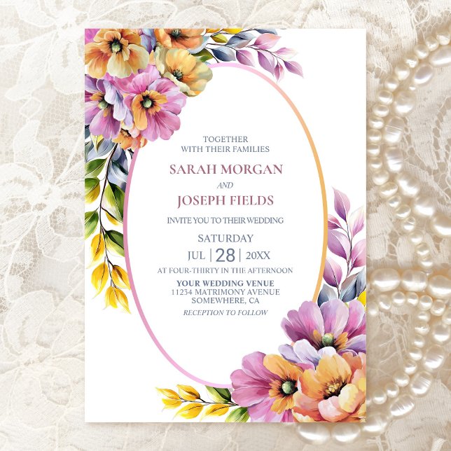 Convites Casamento Floral Rosa e Laranja Elegante (Criador carregado)