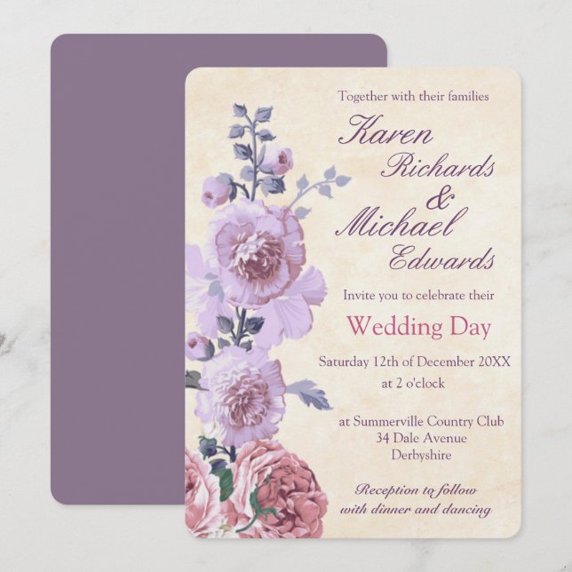 Convites Casamento Floral Rosa e Lilac Watercolor (Frente/Verso)
