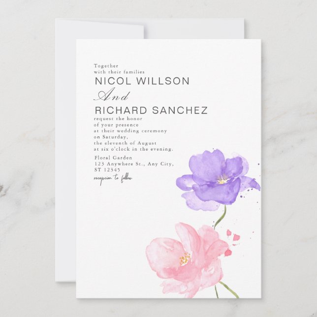 Convites Casamento Floral Rosa e Lilás Elegante (Frente)