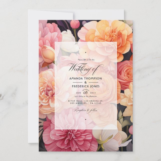 Convites Casamento Floral Rosa e Pêssego (Frente)