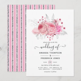 Convites Casamento Floral Rosa e Prata com Brilho e Folha F