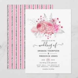 Convites Casamento Floral Rosa e Prata com Brilho e Folha F