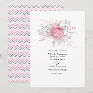 Convites Casamento Floral Rosa e Prata com Falso Folheado