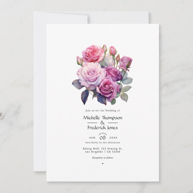 Convites Casamento Floral Rosa e Roxo (Frente)